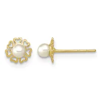 Pair of gold stud earrings with pearl centers surrounded by heart-shaped cutout designs, shown from front and side views.
