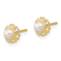 Pair of gold stud earrings featuring white pearls surrounded by decorative filigree hearts with post and butterfly backings.
