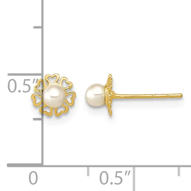 Pair of gold stud earrings featuring cream pearls surrounded by heart-shaped gold filigree, shown with a measurement scale indicating approximately half-inch diameter.