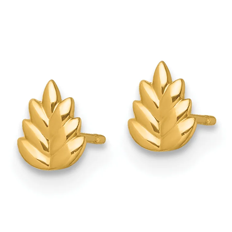 Pair of gold leaf-shaped stud earrings with textured surfaces and posts, shown against a white background.