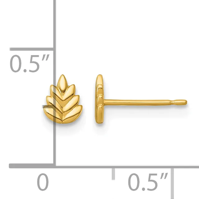 A pair of gold leaf-shaped stud earrings displayed front and back view with measurement scale showing approximately 0.5 inches in height.
