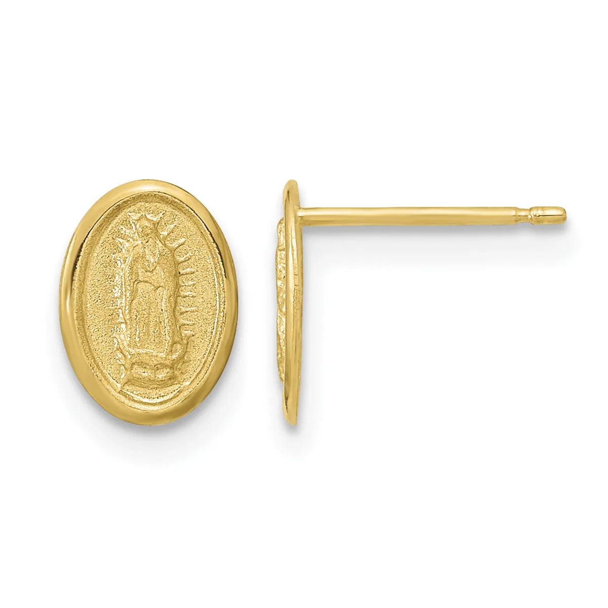 Pair of gold oval stud earrings with a textured religious figure design, shown from front and side views.