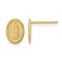 Pair of gold oval stud earrings with a textured religious figure design, shown from front and side views.