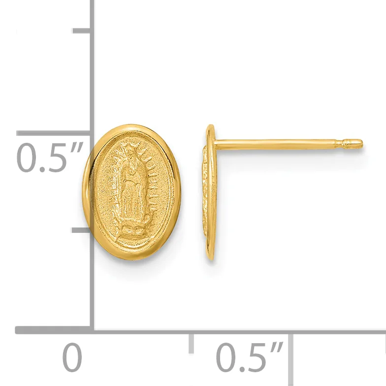 Pair of gold oval stud earrings featuring an embossed religious figure, shown at actual size against a measurement scale.