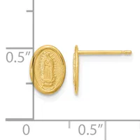 Pair of gold oval stud earrings featuring an embossed religious figure, shown at actual size against a measurement scale.
