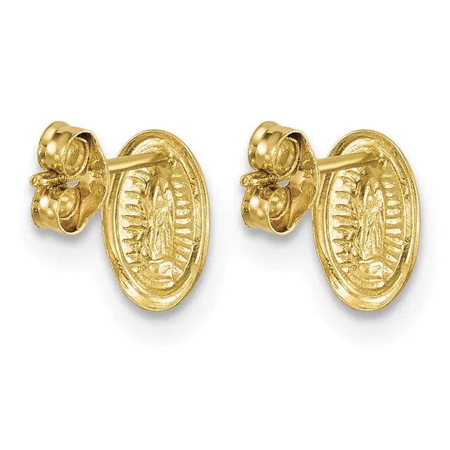Pair of gold oval stud earrings with religious imagery and decorative borders, shown from the front and back views.