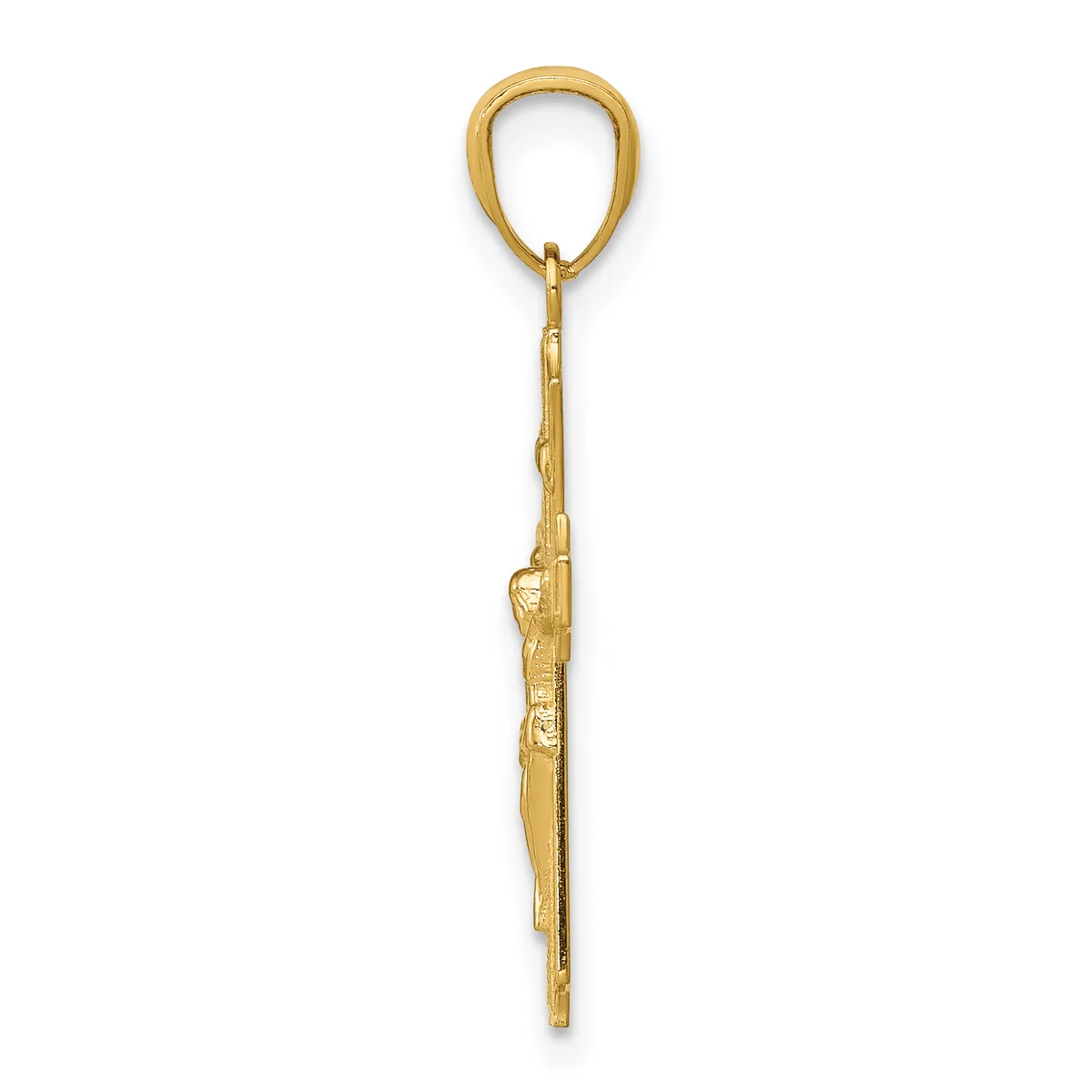 A long gold pendant featuring a teardrop-shaped loop at the top and an ornately decorated stem with textured details along its length.