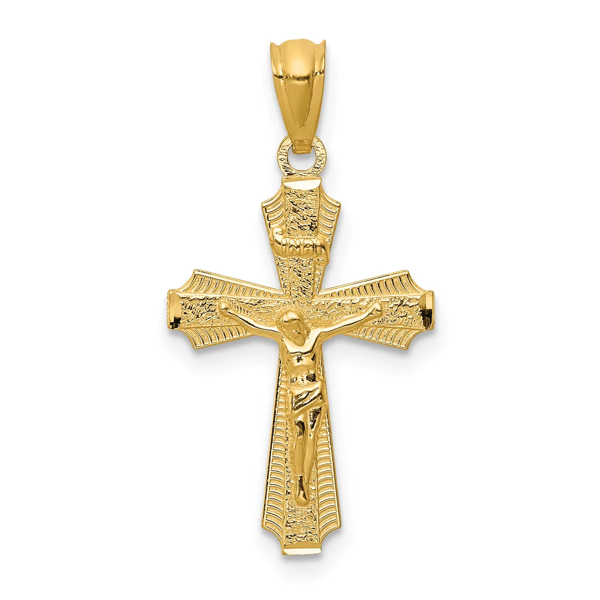 A gold crucifix pendant with detailed texturing on the arms and corpus, shown hanging from a bale against a white background.