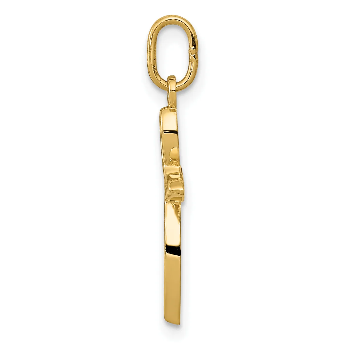 A gold-toned metal keychain pendant featuring an oval loop at the top attached to an elongated rectangular charm with a polished finish.