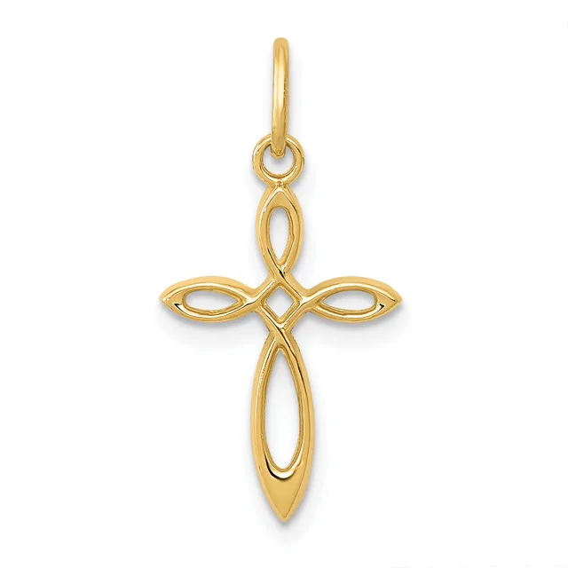 A gold cross pendant with open oval-shaped sections forming the four arms, displayed against a white background.