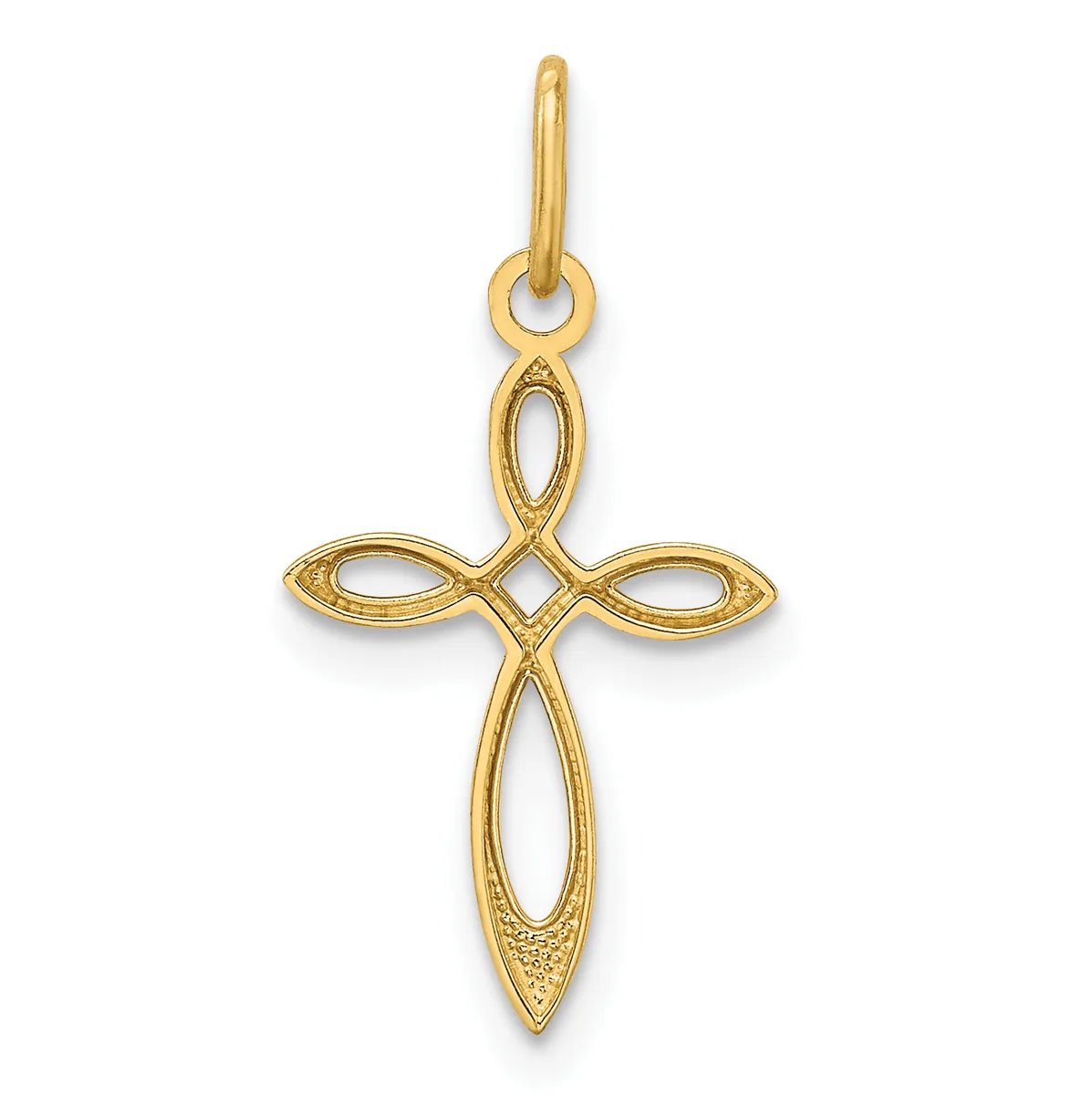 Gold cross pendant with hollow oval-shaped arms and pointed ends, suspended from a thin bail loop.