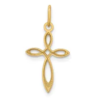 Gold cross pendant with hollow oval-shaped arms and pointed ends, suspended from a thin bail loop.