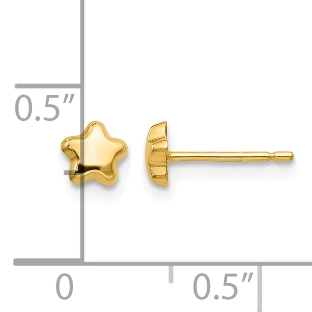 A pair of gold star-shaped stud earrings shown front and back view against a measurement scale indicating approximately 0.5 inches in size.