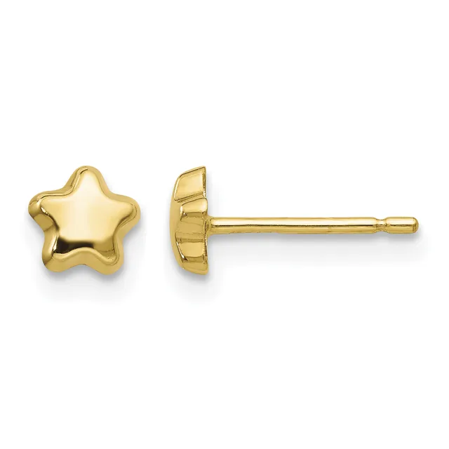 Pair of gold star-shaped stud earrings shown from front and side views, displaying polished finish and post backs.