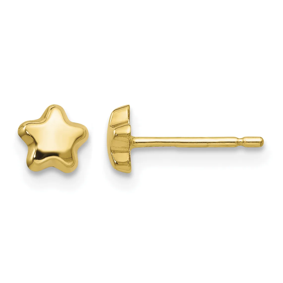 Pair of gold star-shaped stud earrings shown from front and side views, displaying polished finish and post backs.