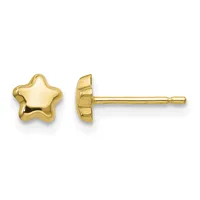 Pair of gold star-shaped stud earrings shown from front and side views, displaying polished finish and post backs.