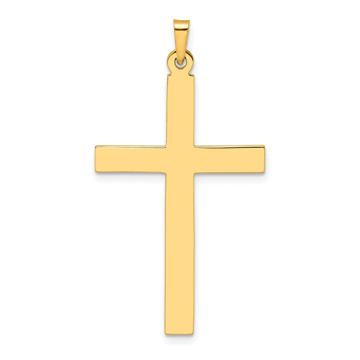 A polished gold cross pendant with a rectangular vertical shaft and horizontal crossbar, shown against a white background.