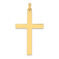 A polished gold cross pendant with a rectangular vertical shaft and horizontal crossbar, shown against a white background.