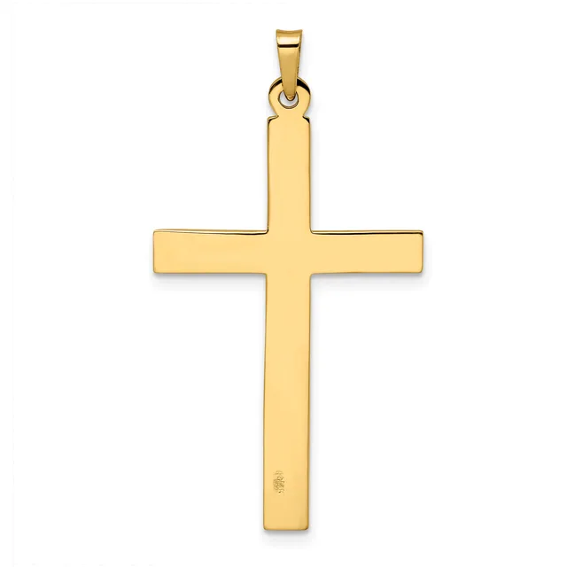 A polished gold cross pendant with a rectangular shape and rounded corners, shown hanging from a bail loop against a white background.