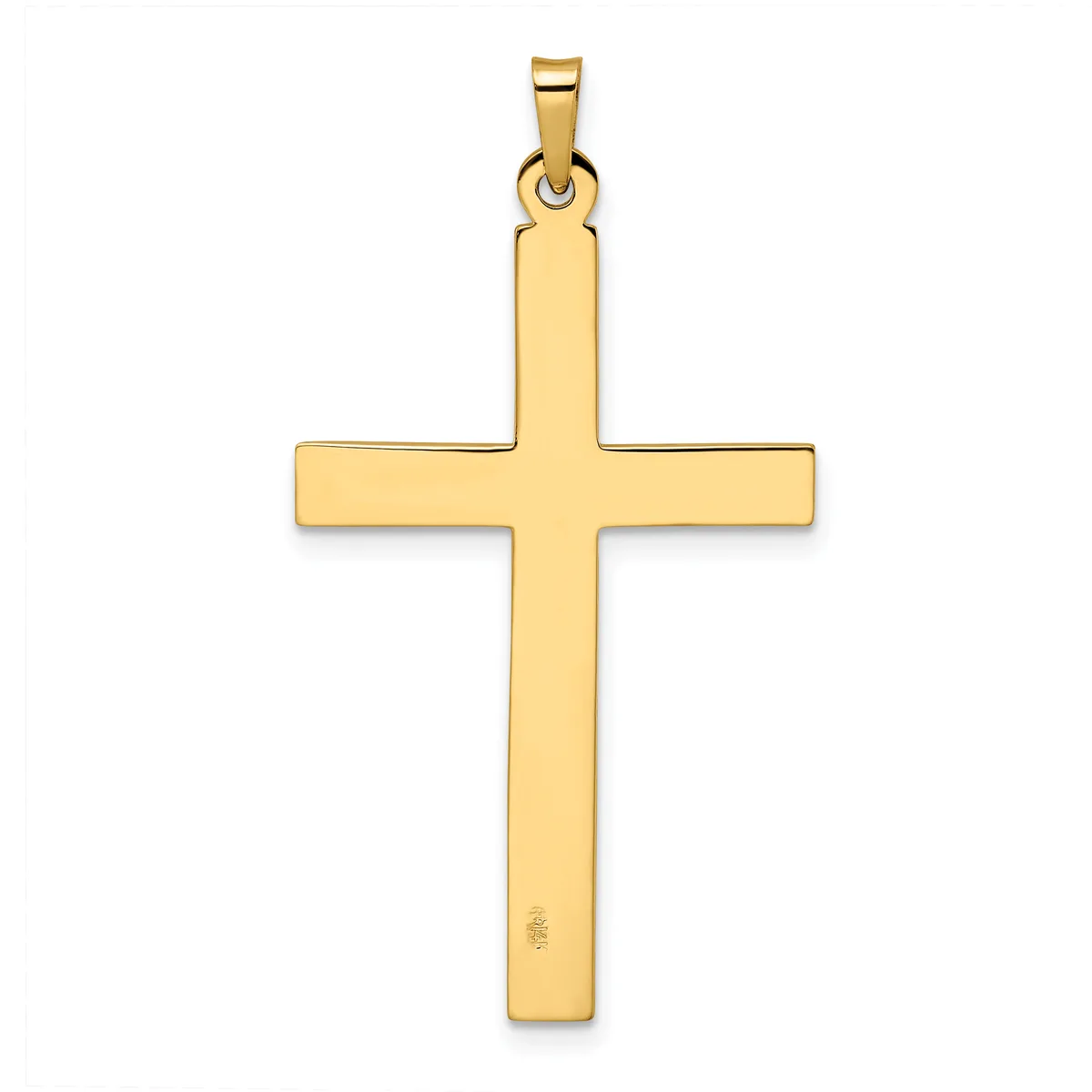 A polished gold cross pendant with a rectangular shape and rounded corners, shown hanging from a bail loop against a white background.