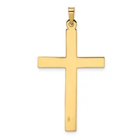 A polished gold cross pendant with a rectangular shape and rounded corners, shown hanging from a bail loop against a white background.