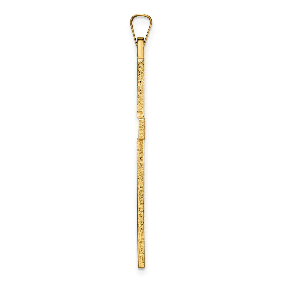 A long, thin gold pendant with a textured surface and a small loop at the top for attachment to a chain.