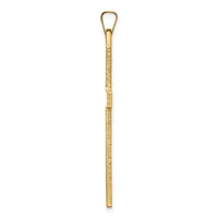 A long, thin gold pendant with a textured surface and a small loop at the top for attachment to a chain.