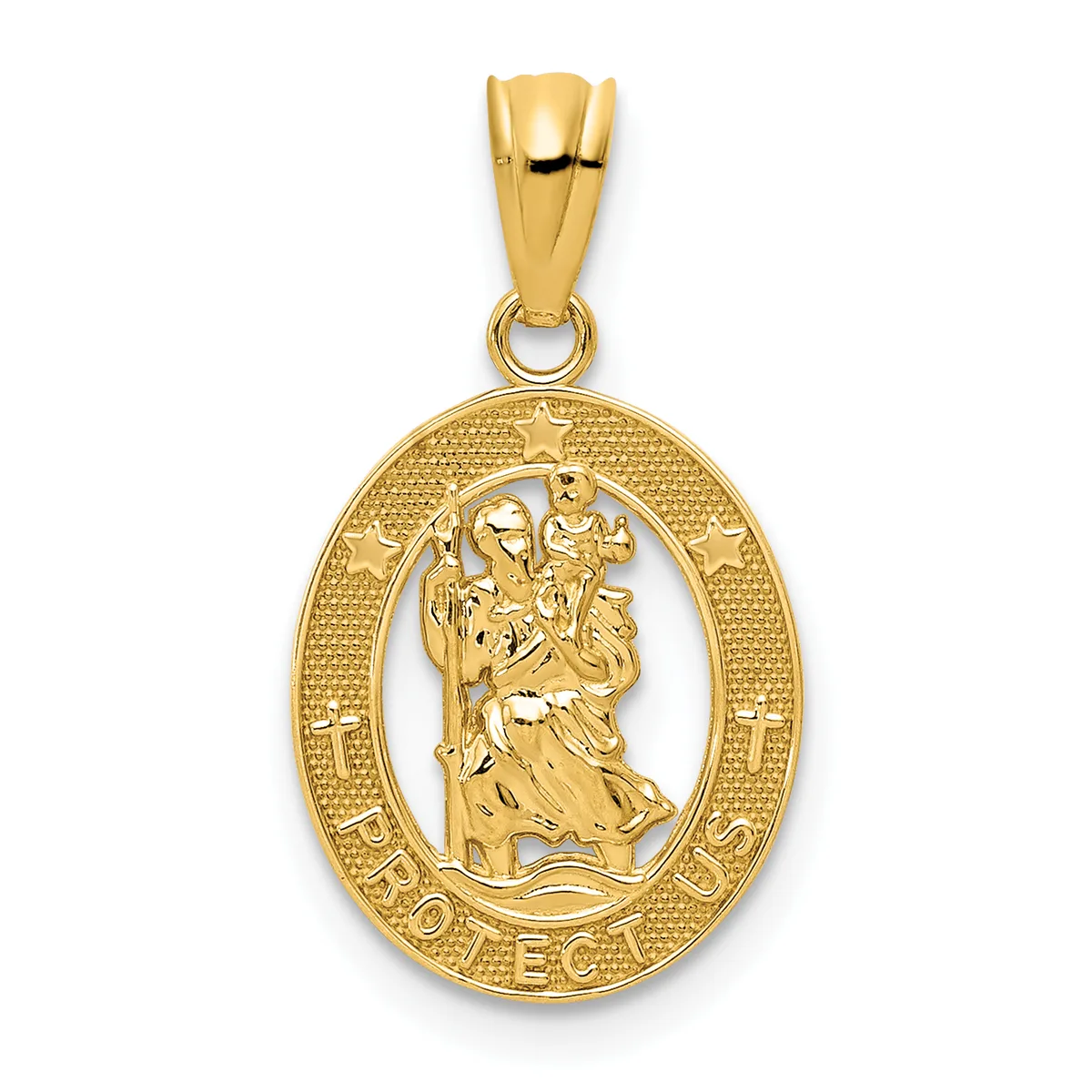 Gold oval pendant featuring Saint Christopher carrying a child, with decorative border and small hallmark, suspended from a gold bail.