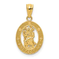 Gold oval pendant featuring Saint Christopher carrying a child, with decorative border and small hallmark, suspended from a gold bail.