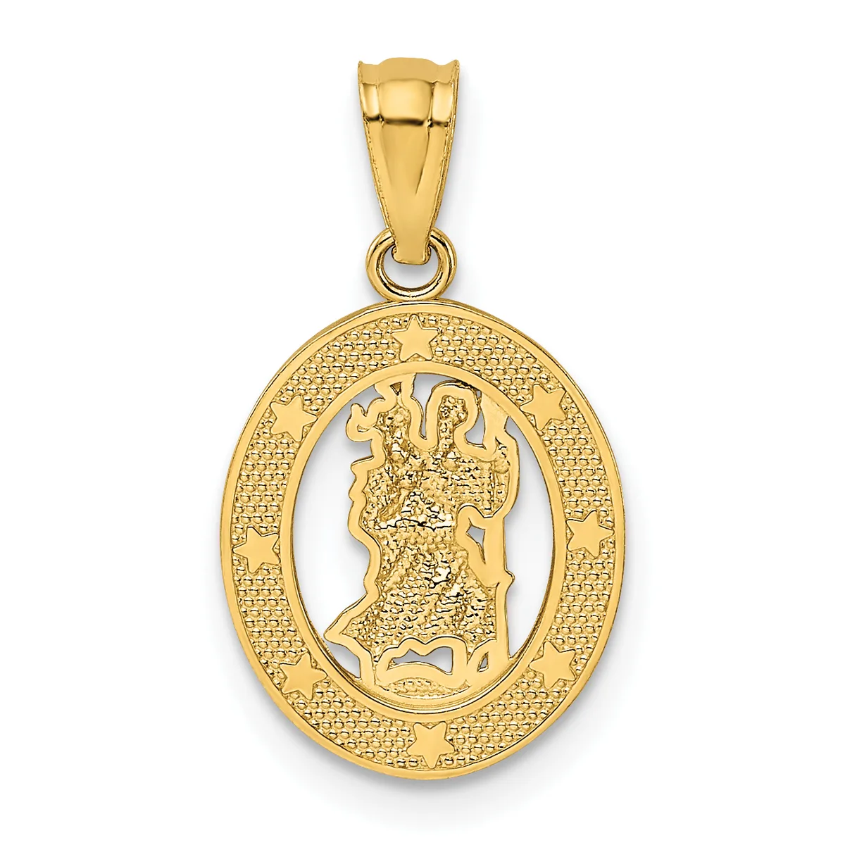 Gold oval pendant with textured border and openwork center featuring a classical profile bust, suspended from a gold bail.
