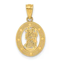Gold oval pendant with textured border and openwork center featuring a classical profile bust, suspended from a gold bail.