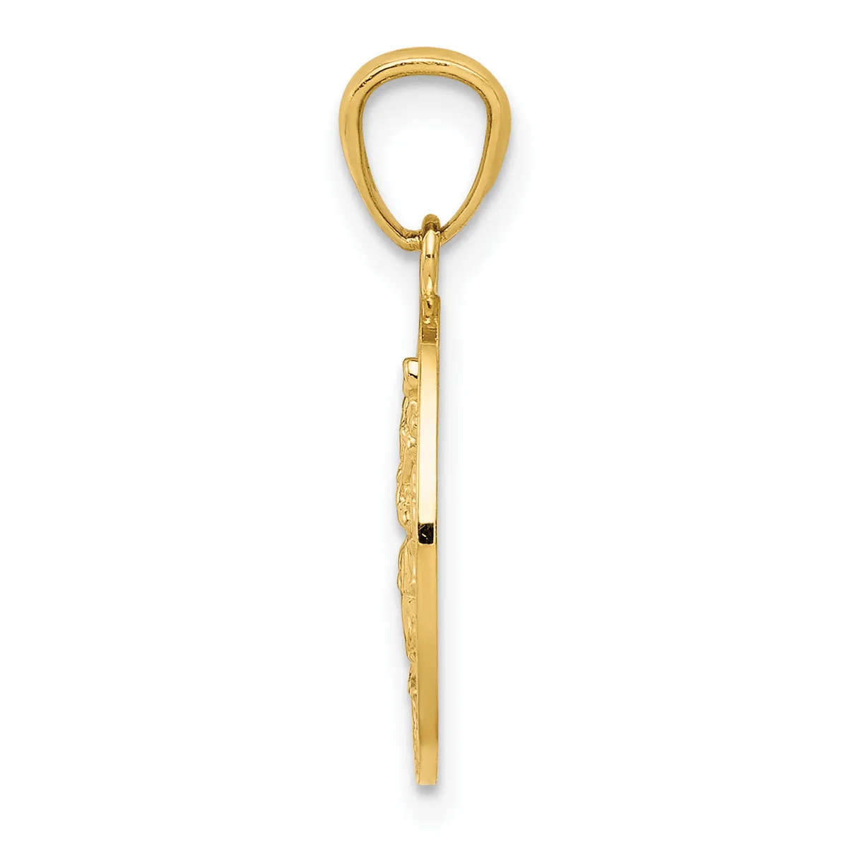 A gold pendant featuring a teardrop-shaped loop at the top connected to a rectangular bar below, displayed against a white background.