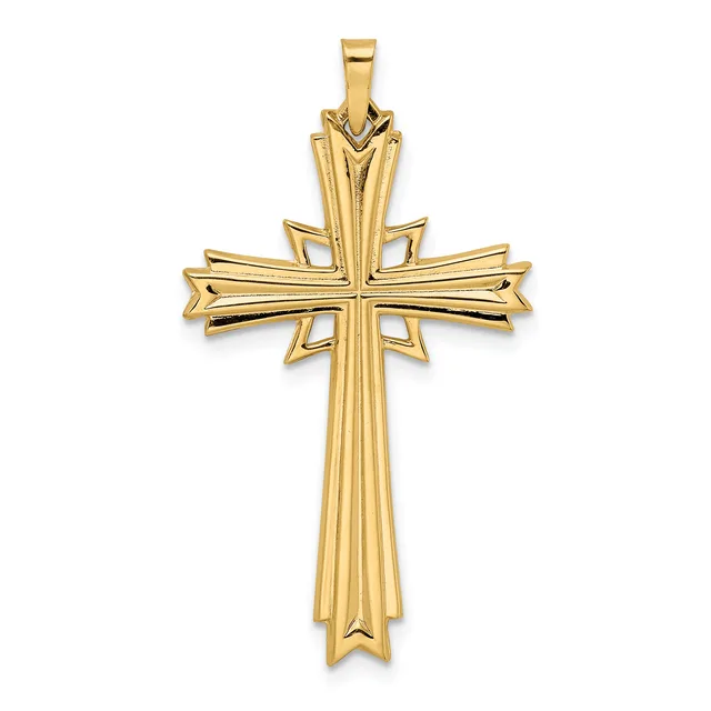 A gold cross pendant with a polished finish and vertical ribbed details, featuring a wider horizontal crossbeam and tapered pointed ends.