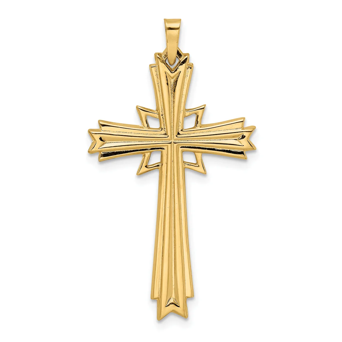 A gold cross pendant with a polished finish and vertical ribbed details, featuring a wider horizontal crossbeam and tapered pointed ends.