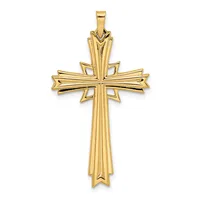 A gold cross pendant with a polished finish and vertical ribbed details, featuring a wider horizontal crossbeam and tapered pointed ends.