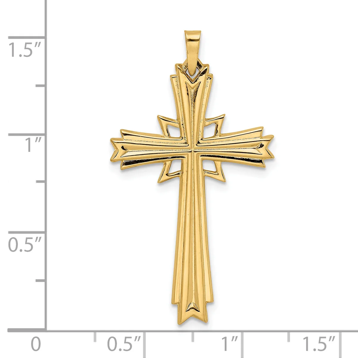 Gold-toned cross pendant with ornate details and vertical ridging, displayed against a measurement scale showing approximately 1.5 inches in height.
