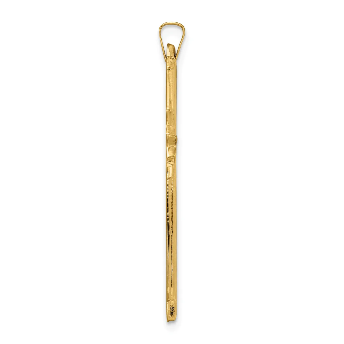 A long gold chain pendant with a rectangular loop attachment at the top, shown against a white background.