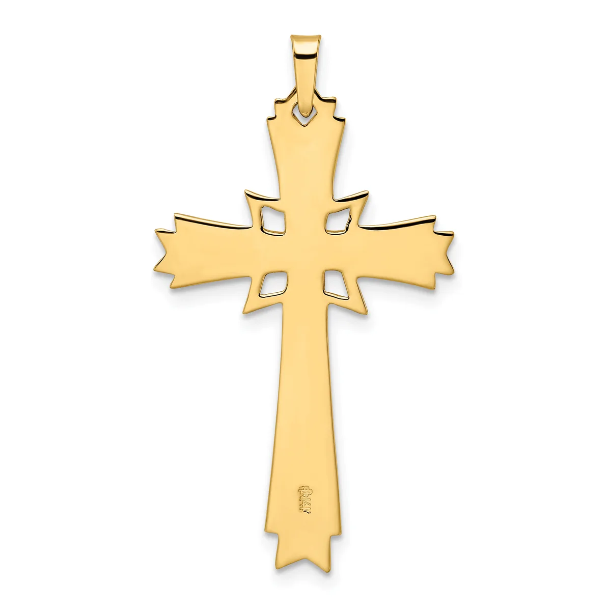 A gold cross pendant with decorative cutouts on the horizontal arms and a small hallmark stamped near the bottom.