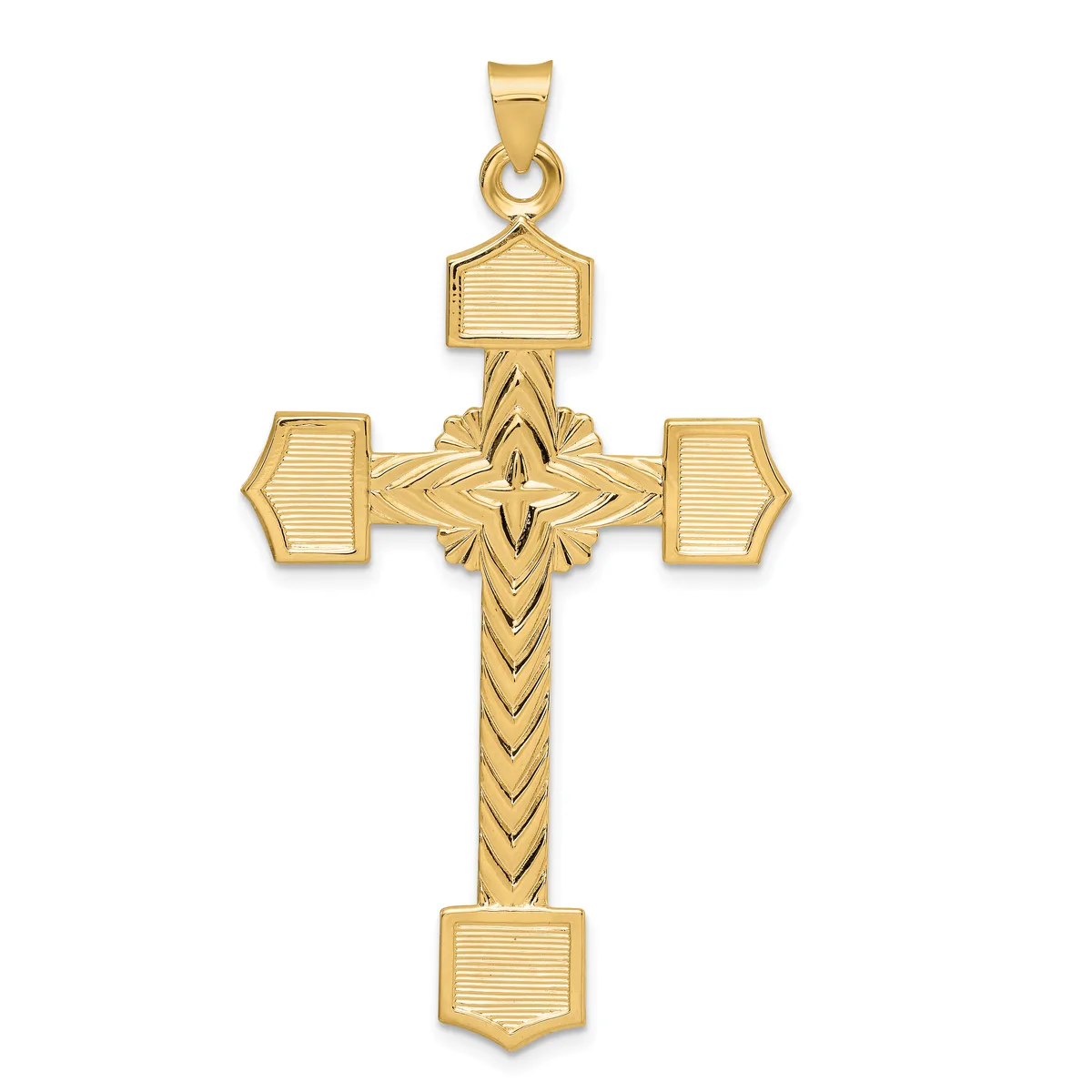 Gold cross pendant with rectangular textured sections at each arm and base, featuring a central diamond-shaped ornament and chevron-pattern detailing on the vertical shaft.