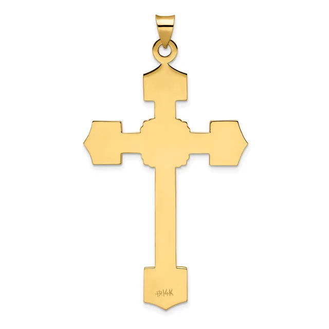 A gold cross pendant with ornate flared ends and a small stamped hallmark at the bottom, suspended from a bail loop at the top.