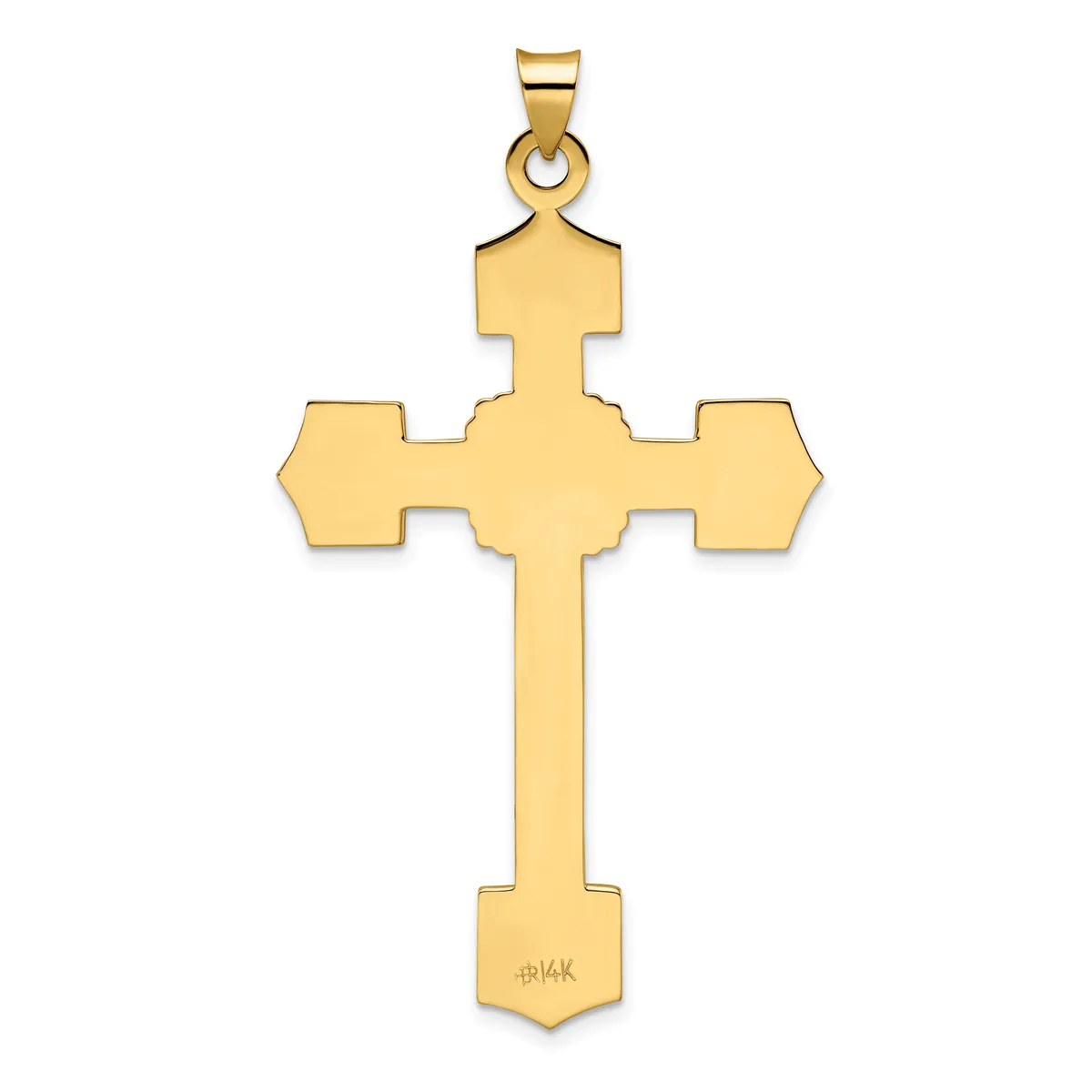 A gold cross pendant with ornate flared ends and a small stamped hallmark at the bottom, suspended from a bail loop at the top.