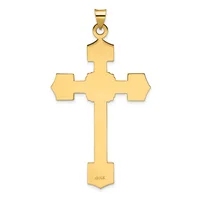 A gold cross pendant with ornate flared ends and a small stamped hallmark at the bottom, suspended from a bail loop at the top.