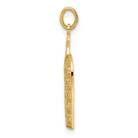 A gold elongated pendant with decorative engraved patterns hanging from an oval loop bail, shown against a white background.