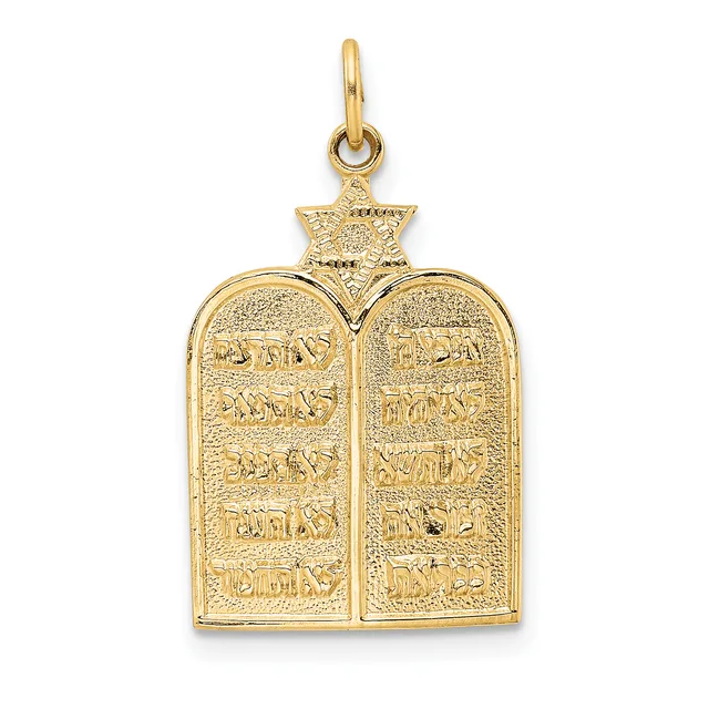 Gold pendant featuring two arched tablets with Hebrew text and a star at the top, shown against a white background.