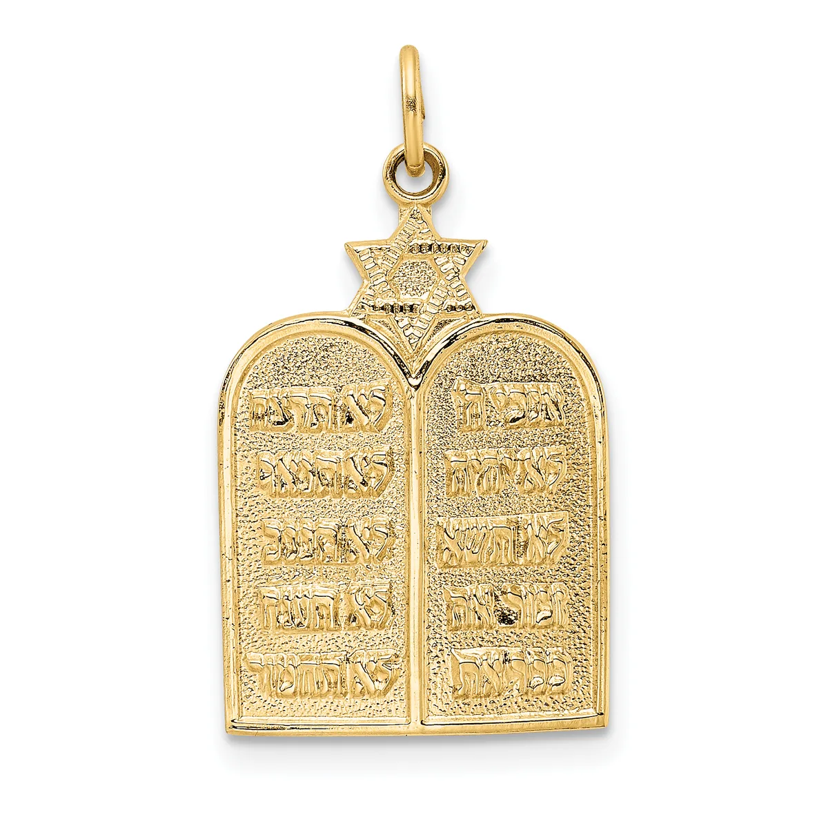 Gold pendant featuring two arched tablets with Hebrew text and a star at the top, shown against a white background.