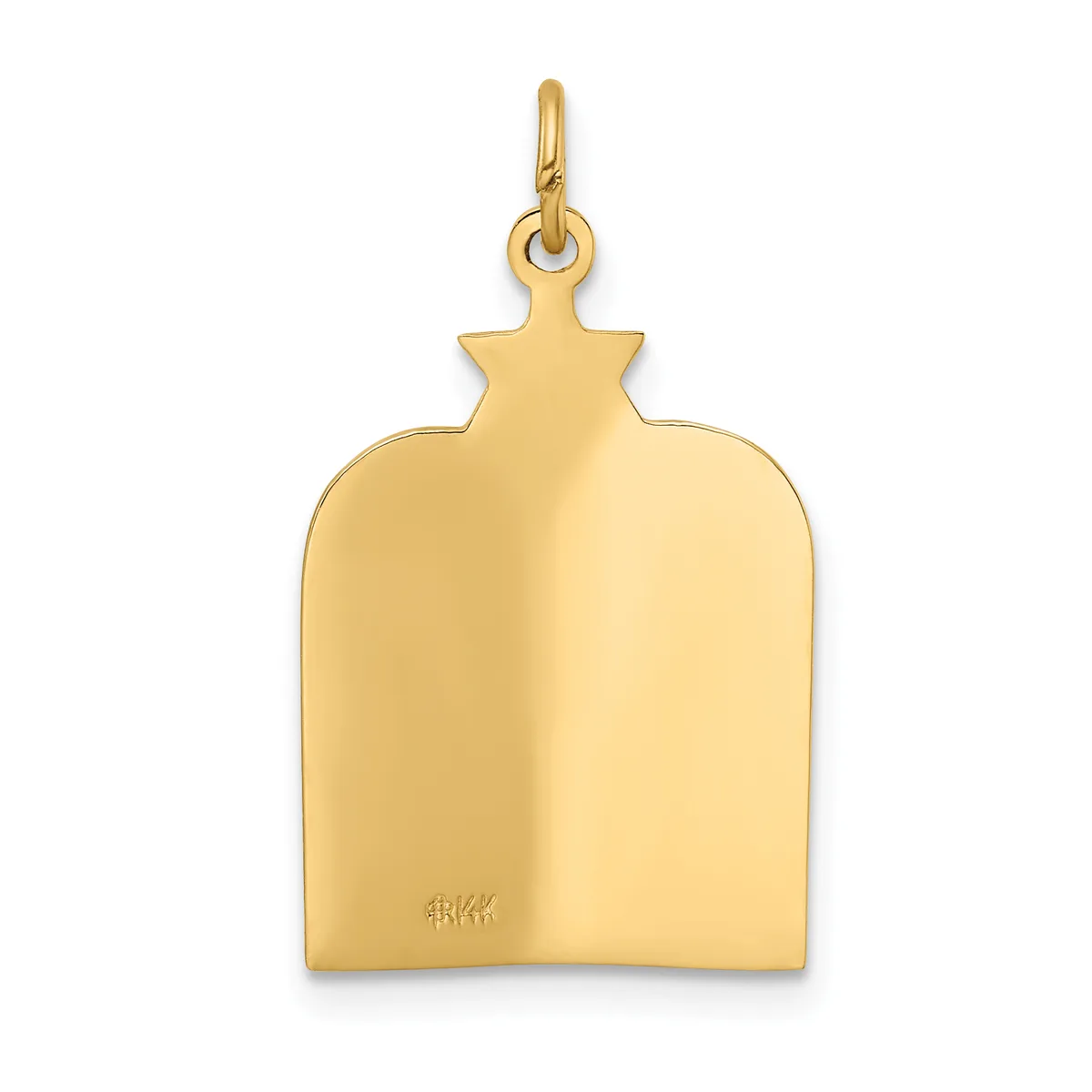A polished gold pendant in the shape of a rounded rectangular plaque with a decorative pointed top, featuring a small stamped hallmark on the lower surface.