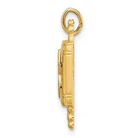 Gold-toned rectangular locket pendant with decorative detailing and an oval loop at the top, shown from the side.