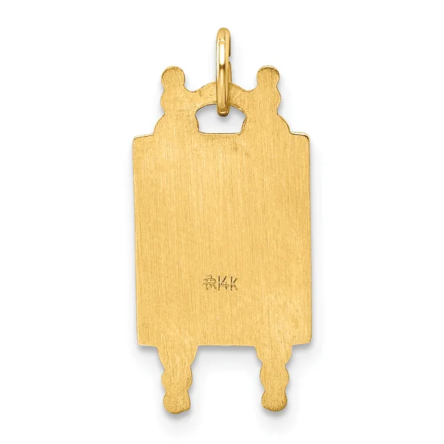 Gold rectangular pendant with decorative notched edges on top and rounded feet at bottom, suspended from a small loop.