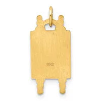 Gold rectangular pendant with decorative notched edges on top and rounded feet at bottom, suspended from a small loop.