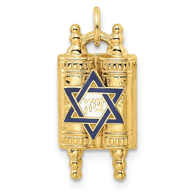 Gold-colored Torah pointer pendant with blue Star of David and Hebrew text in the center, featuring decorative finials at top and bottom.